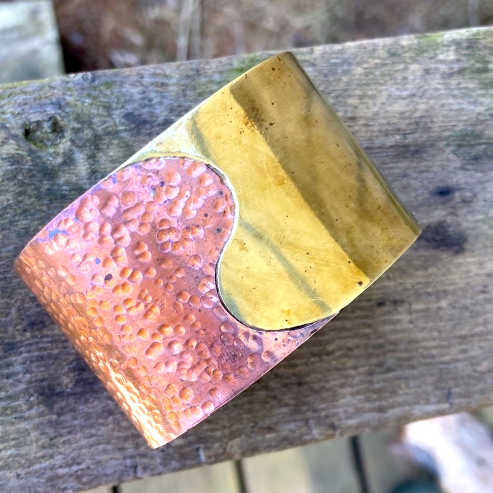 BRACELET Handmade Vintage Cuff Brutalist Mexico Copper Brass Mixed Metals - Picture 4 of 14